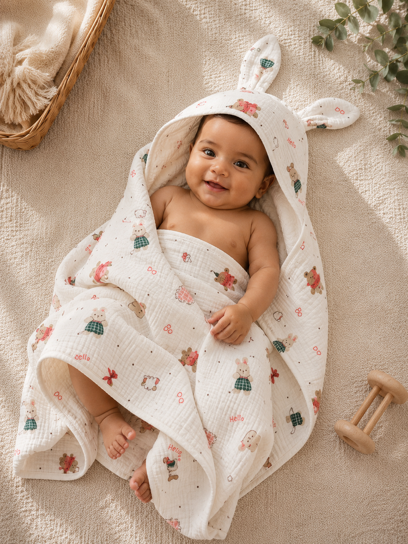 Hello Bunny - Muslin Hooded Baby Towel/Blanket