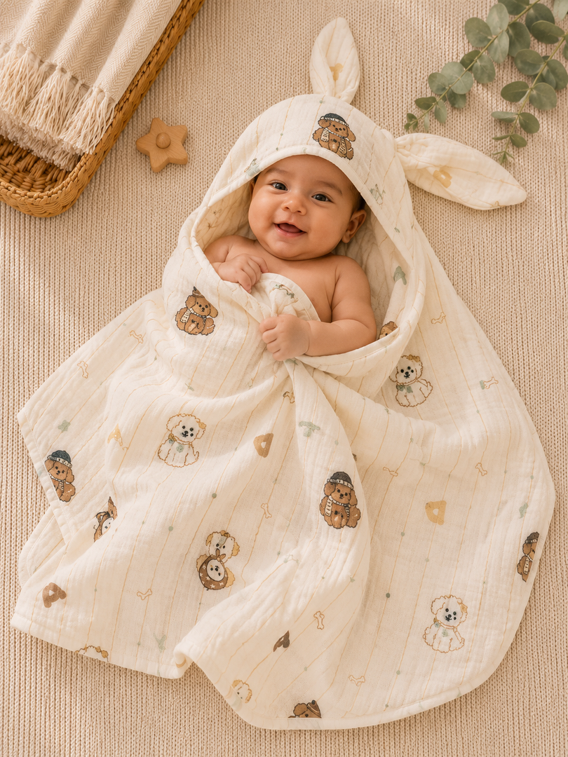 Puppy Love - Muslin Hooded Baby Towel/Blanket