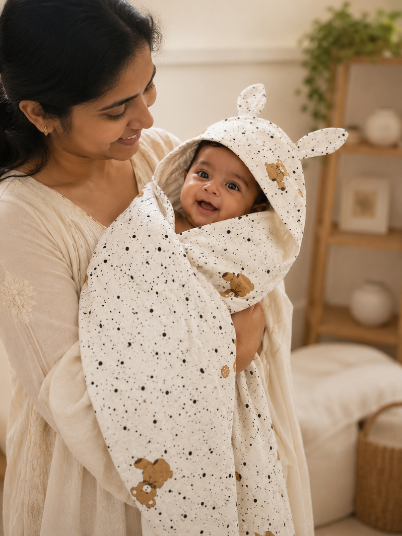 Cozy Bear - Muslin Hooded Baby Towel/Blanket