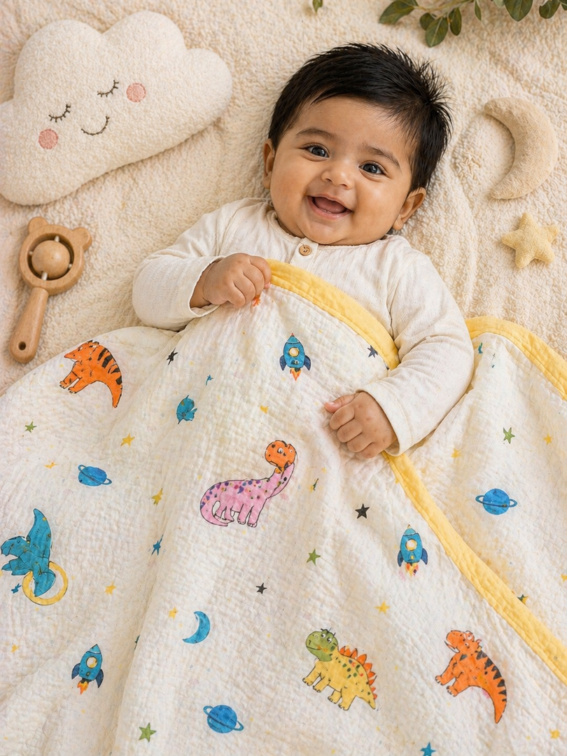 Yellow Dino - Muslin Baby Blanket