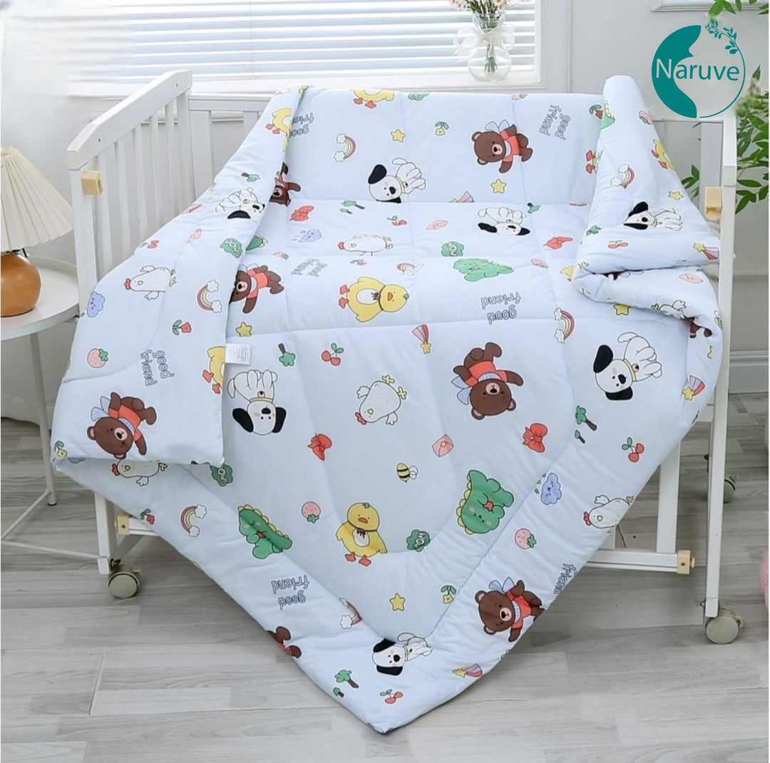 Baby crib with colorful bedding featuring cartoon animals and the brand 'Naruve' visible.