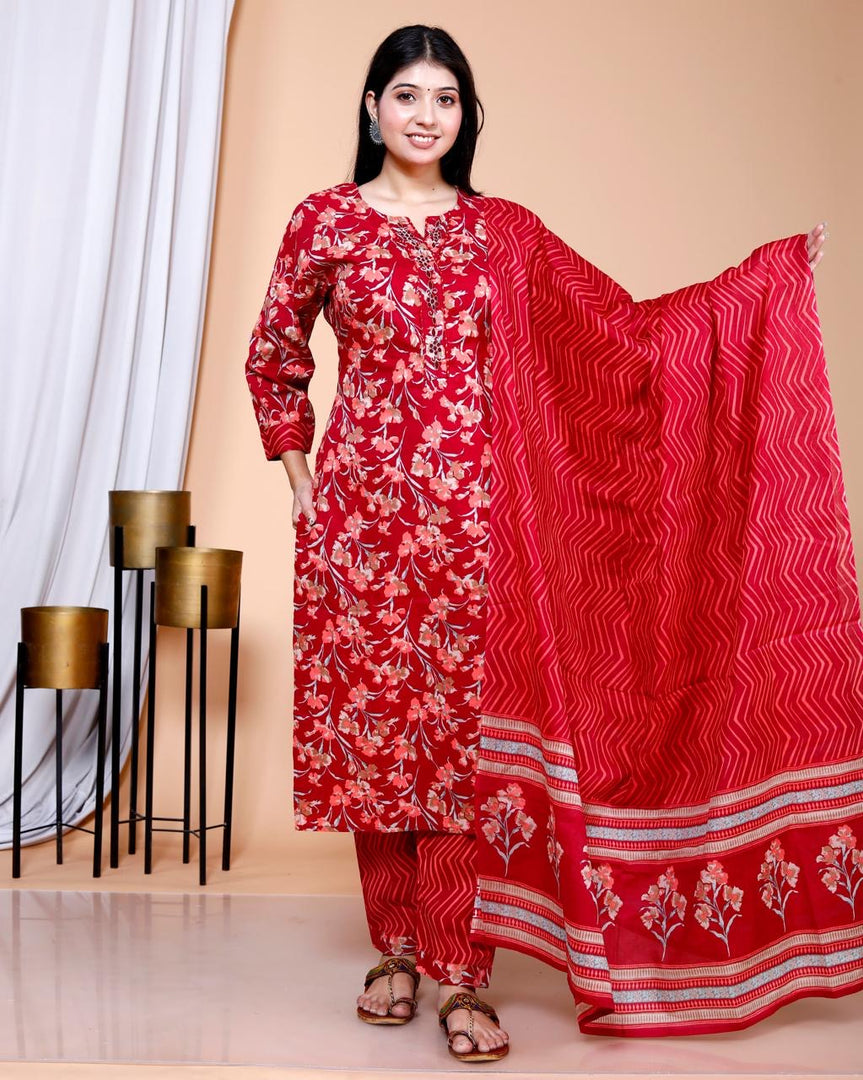 Soft Cotton Kurta Set: Lady Red