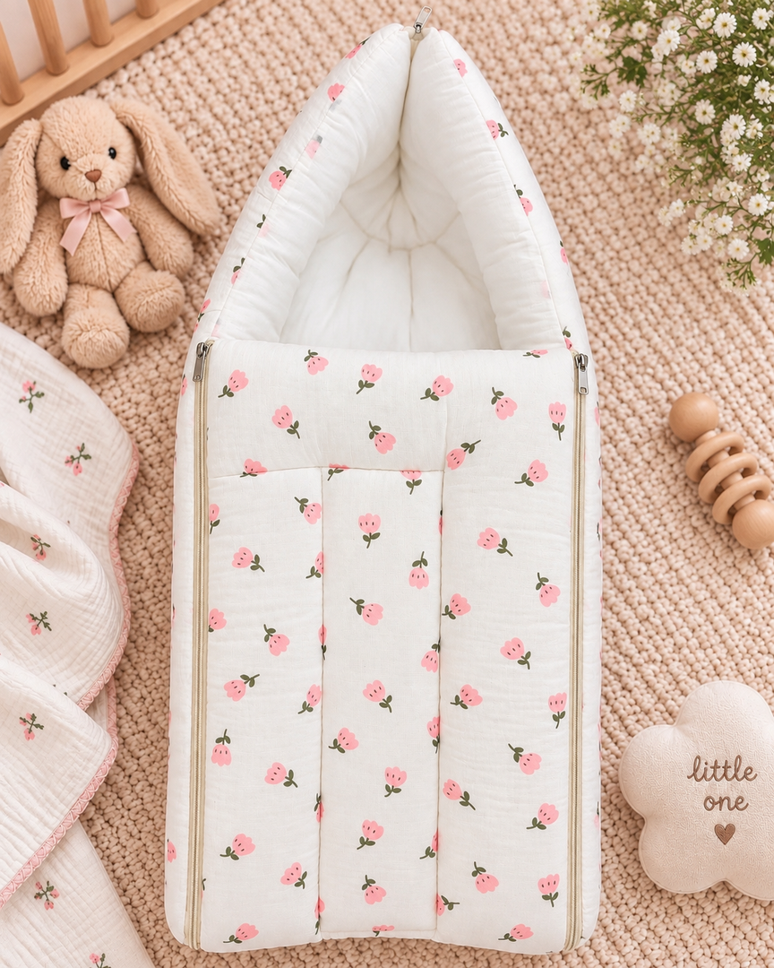 Muslin Carry Bed/Nest - Rose Tulip