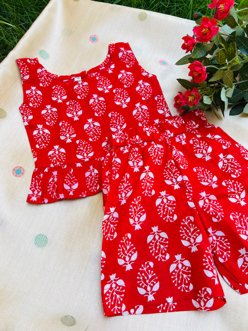 Red Blossom - Frill top & Shorts Set 1 - 2yrs