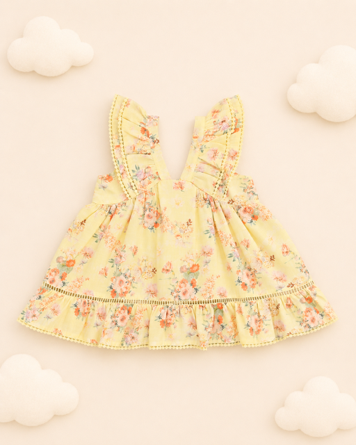 Baby Cotton Dress - yellow rose bow
