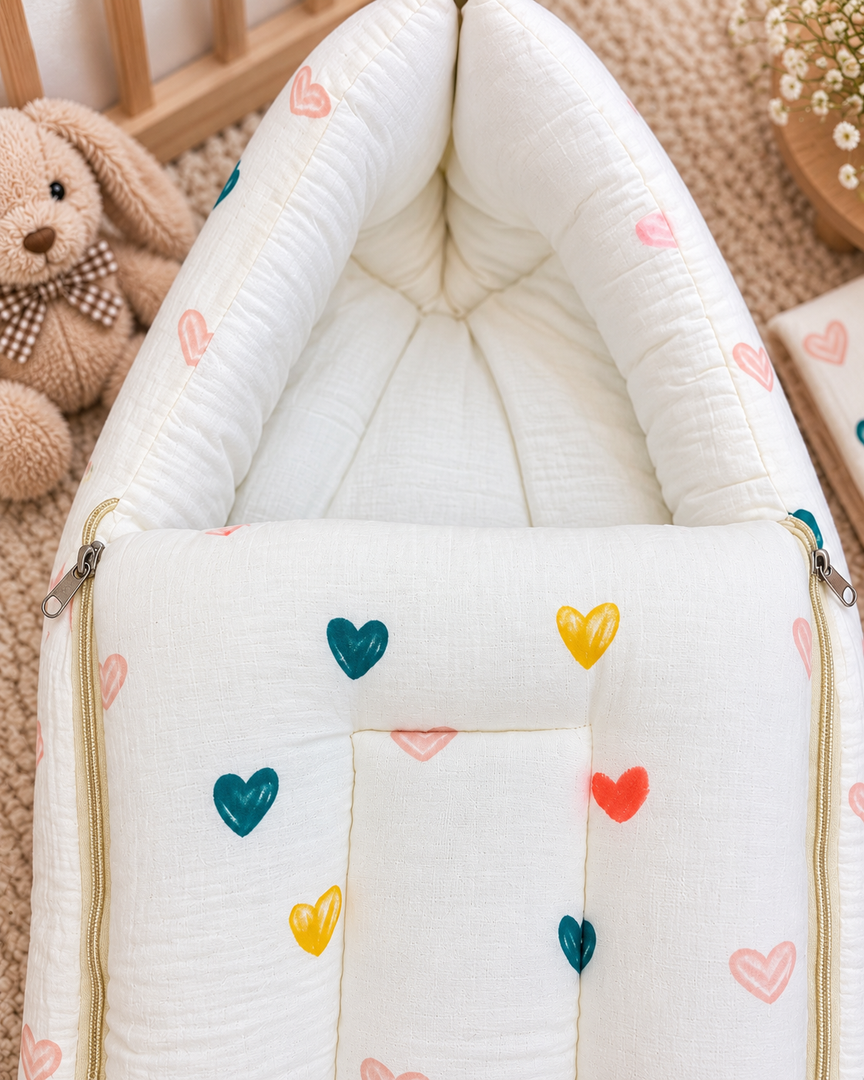 Muslin Carry Bed/Nest - Rainbow Hearts