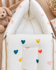 Muslin Carry Bed/Nest - Rainbow Hearts