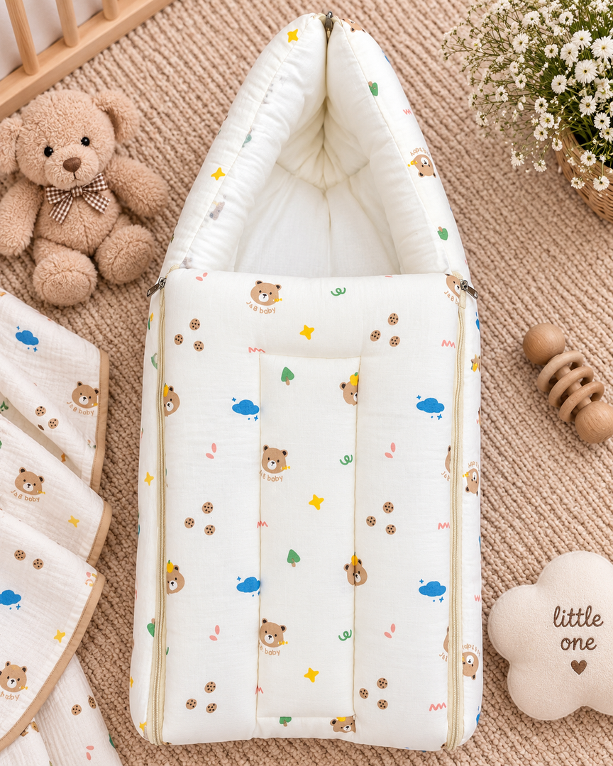Muslin Carry Bed/Nest - Teddy Cubs