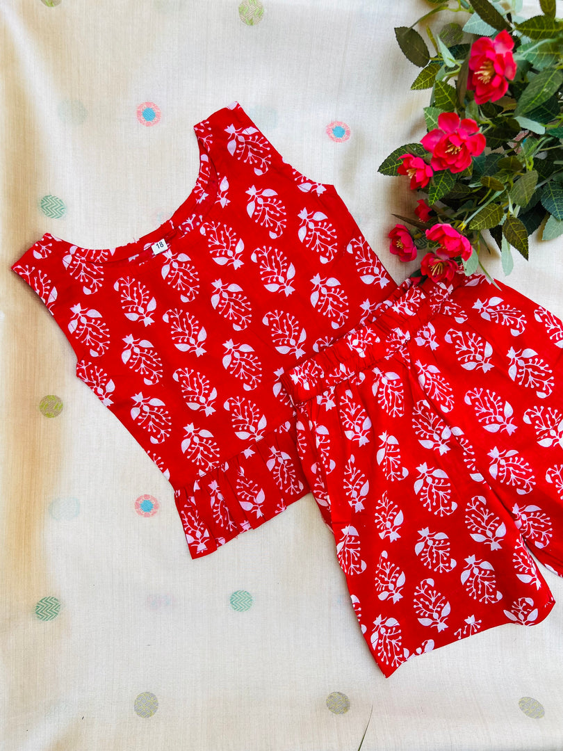 Red Blossom - Frill top & Shorts Set 1 - 2yrs