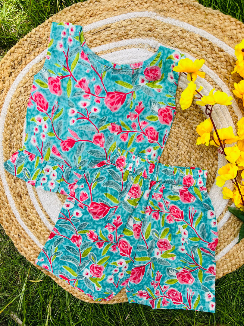 Blue Bloom - Frill top & Shorts Set 2 - 3yrs