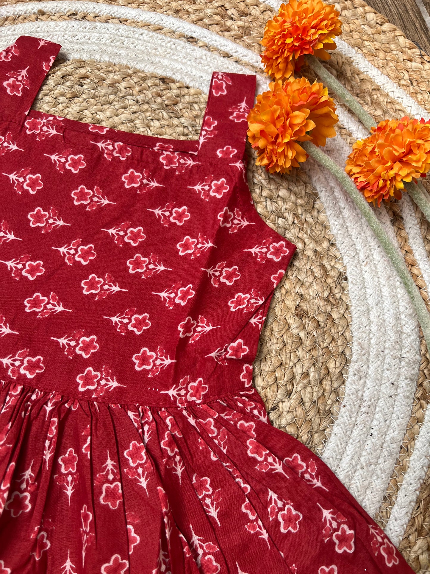 Red Blossom - Cotton Frock 6m to 12m