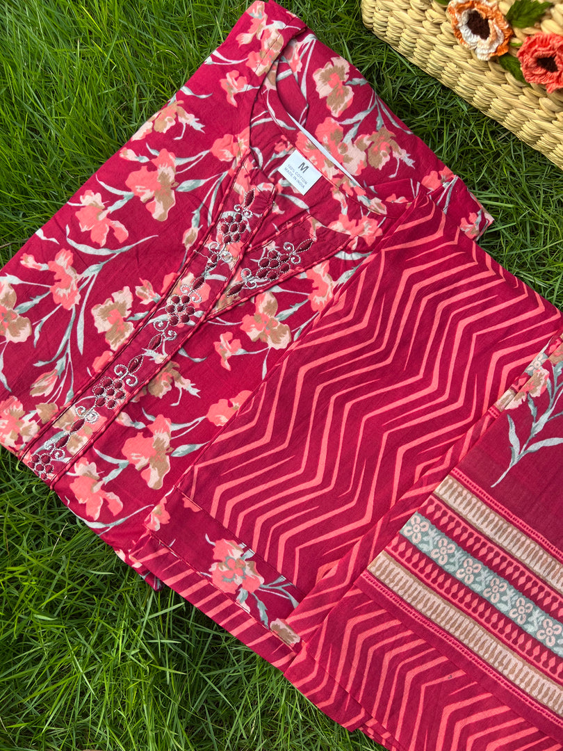 Soft Cotton Kurta Set: Lady Red