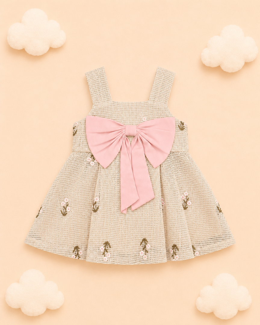 Baby Cotton Dress - Beige Rose Bow